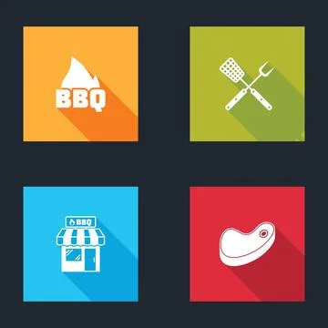Set Barbecue fire flame, Crossed fork and spatula, shopping building and Steak Ilustración de archivo