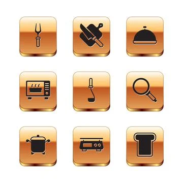 Set Barbecue fork, Cooking pot, Electronic scales, Kitchen ladle, Microwave oven Stock Illustration