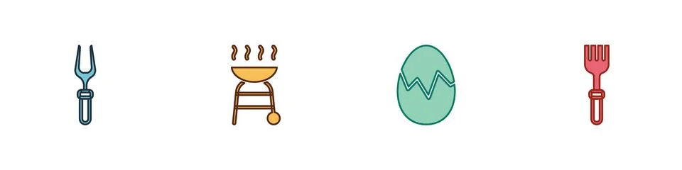 Set Barbecue fork, grill, Broken egg and Fork icon. Vector Stock Illustration