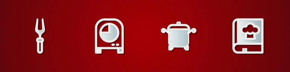 Set Barbecue fork, Kitchen timer, Cooking pot and Cookbook icon. Vector 스톡 일러스트