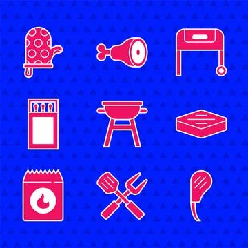 Set Barbecue grill, Crossed fork and spatula, Rib eye steak, Steak meat, co.. Stock Illustration