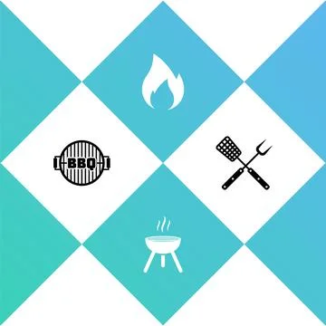 Set Barbecue grill, , Fire flame and Crossed fork and spatula icon. Vector イラスト素材