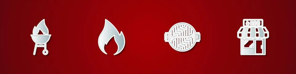 Set Barbecue grill, Fire flame, with sausage and shopping building icon. Vect Stock Illustration