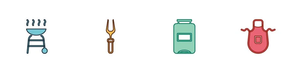 Set Barbecue grill, fork, Jam jar and Kitchen apron icon. Vector イラスト素材
