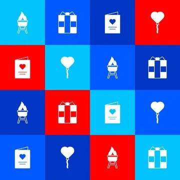Set Barbecue grill, Gift box, Postcard with heart and Balloons in form of icon Stock Illustration
