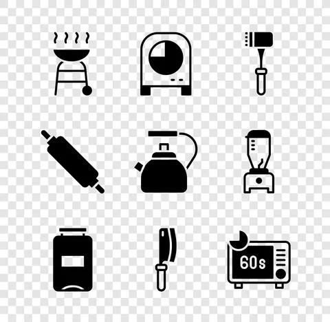 Set Barbecue grill, Kitchen timer, hammer, Jam jar, Meat chopper, Microwave oven イラスト素材