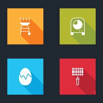 Set Barbecue grill, Kitchen timer, Broken egg and steel grid icon. Vector Stock Illustration