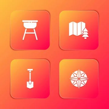 Set Barbecue grill, Location of the forest, Shovel and Wind rose icon. Vector Illustration