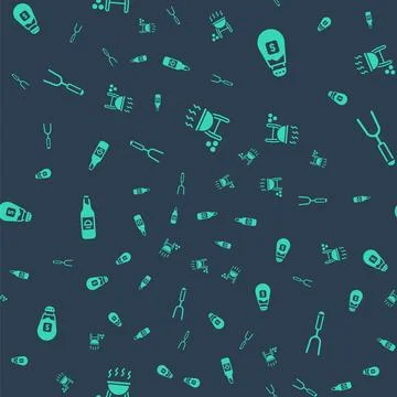 Set Barbecue grill, Salt, Beer bottle and fork on seamless pattern. Vector Ilustração Stock