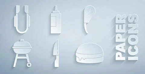 Set Barbecue knife, Rib eye steak, grill, Burger, Sauce bottle and Meat ton.. Stock Illustration
