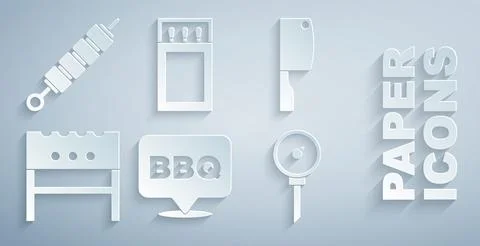 Set Barbecue, Meat chopper, BBQ brazier, Kitchen thermometer, Matchbox and Stock Illustration