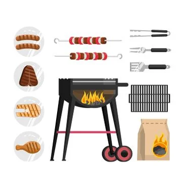 A set of barbecue objects, cooking outings in nature picnic Stockillustratie