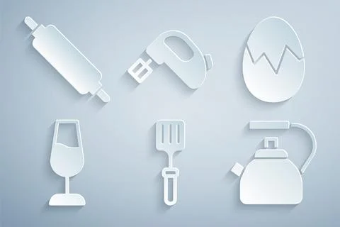 Set Barbecue spatula, Broken egg, Wine glass, Kettle with handle, Electric mixer Illustration