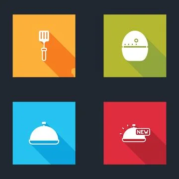 Set Barbecue spatula, Kitchen timer, Covered with tray of food and  icon. V.. Stock Illustration