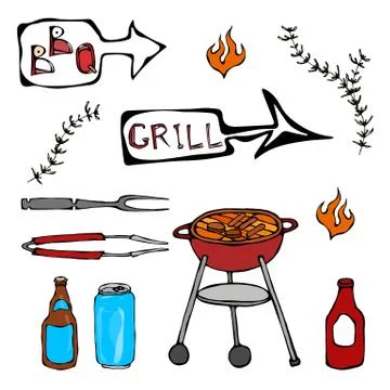 Set of Barbecue Tools: BBQ Fork, Tongs, Grill with Meat, Fire, Beer Bottle, Can Stock Illustration
