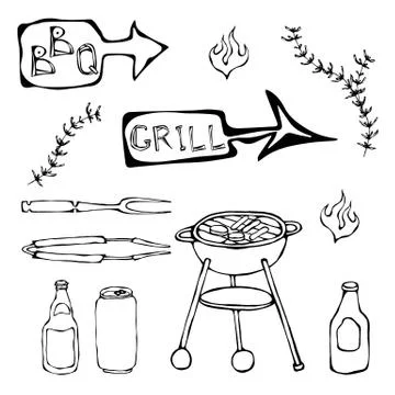 Set of Barbecue Tools: BBQ Fork, Tongs, Grill with Meat, Fire, Beer Bottle, Can Stock Illustration