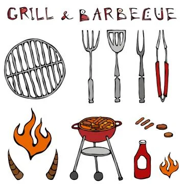 Set of Barbecue Tools: BBQ Fork, Tongs, Grill with Meat, Fire, Ketchup, Bull Stock Illustration