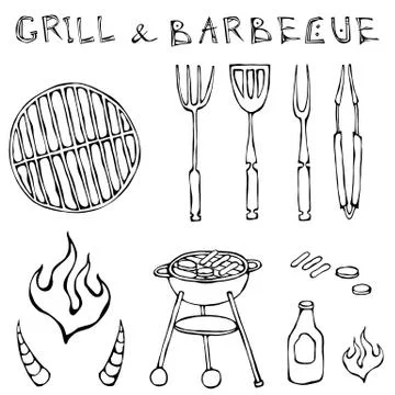 Set of Barbecue Tools: BBQ Fork, Tongs, Grill with Meat, Fire, Ketchup, Bull Stock Illustration