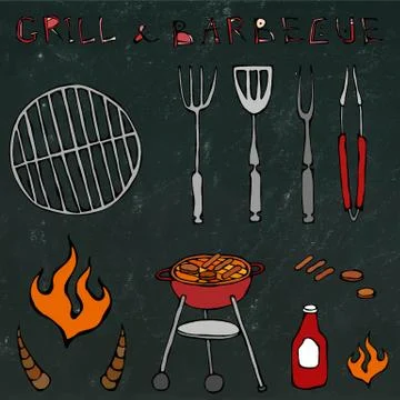 Set of Barbecue Tools: BBQ Fork, Tongs, Grill with Meat, Fire, Ketchup, Bull Stock Illustration