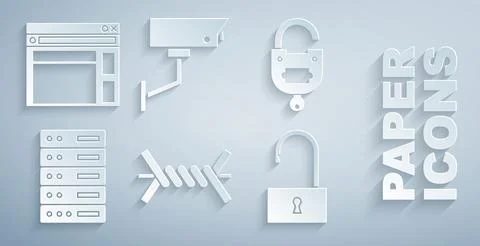 Set Barbed wire, Lock and key, Server, Data, Web Hosting, Open padlock, Security Stock Illustration