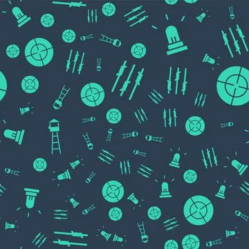 Set Barbed wire, Motion sensor, Watch tower and Target sport on seamless pattern Stock Illustration