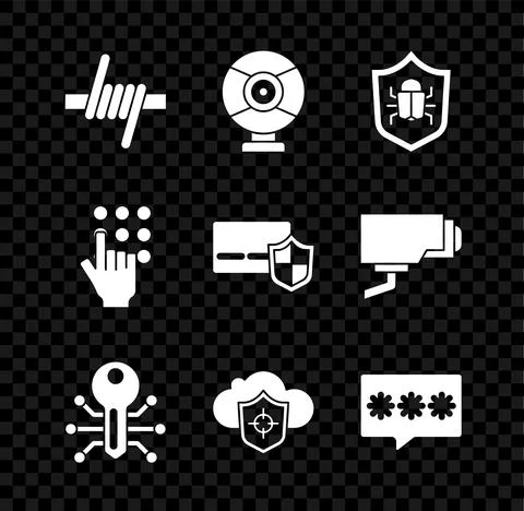 Set Barbed wire, Security camera, System bug, Smart key, Cloud and shield 스톡 일러스트