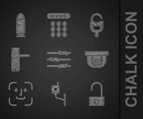 Set Barbed wire, Security camera, Open padlock, Motion sensor, Face recognition Stock Illustration