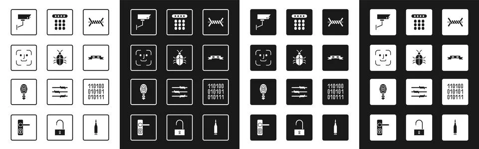 Set Barbed wire, System bug concept, Face recognition, Security camera, Thief Stock Illustration