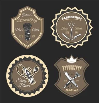 Set of barber image. Shaving brush, razor, scissors, barbershop concept. Flat Stock Illustration
