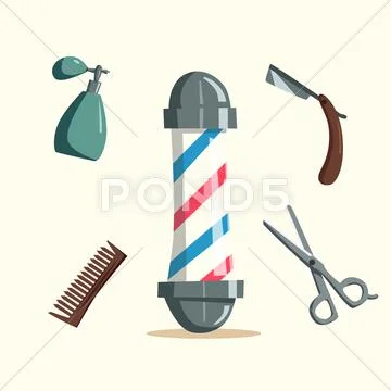 Set of barber shop tools. Cartoon vector illustration Stock Illustration