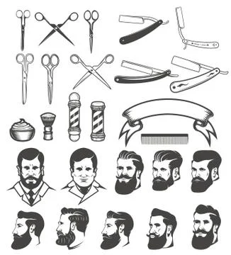 Set of  barber tools. Man's heads. Design elements for logo, lab Stock Illustration