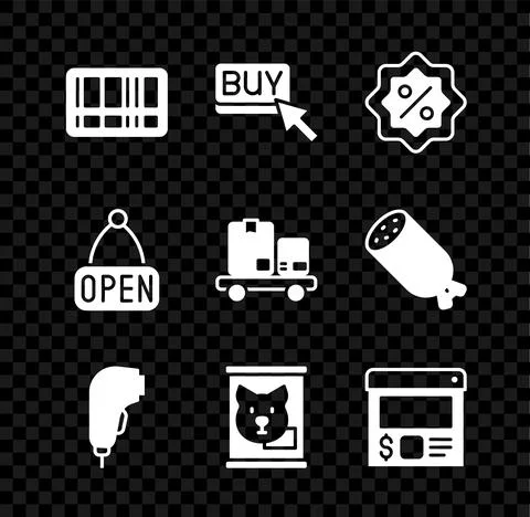 Set Barcode, Buy button, Discount percent tag, Scanner scanning bar, Canned food Stock Illustration