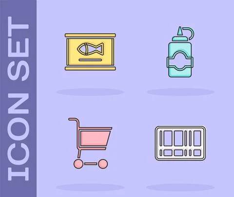 Set Barcode, Canned fish, Shopping cart and Sauce bottle icon. Vector Illustrazione stock