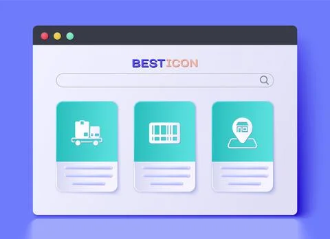 Set Barcode, Hand truck and boxes and Location Market store icon. Vector Illustrazione stock