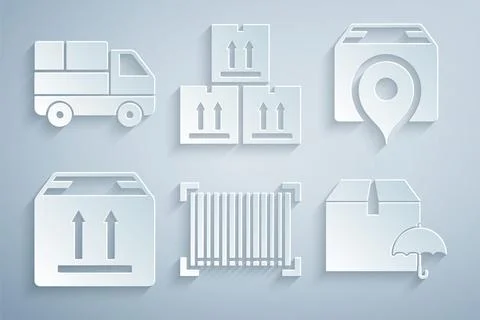 Set Barcode, Location with cardboard box, Cardboard traffic, Delivery package Illustrazione stock