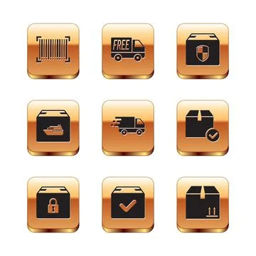 Set Barcode, Locked package, Package box with check mark, Delivery truck in Stock Illustration