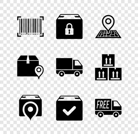 Set Barcode, Locked package, Placeholder on map, Location with cardboard box Stock Illustration