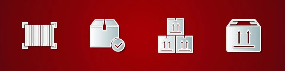 Set Barcode, Package box with check mark, Cardboard traffic and icon. Vector Illustrazione stock