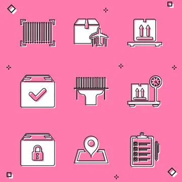 Set Barcode, Plane and cardboard box, Cardboard boxes on pallet, Package with Illustrazione stock