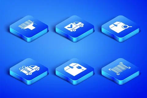 Set Barcode, Scanner scanning bar, Delivery box with fragile content, truck gift Illustrazione stock