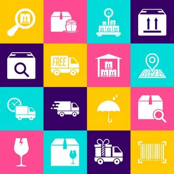 Set Barcode, Search package, Placeholder on map, Scale with cardboard box, Free イラスト素材