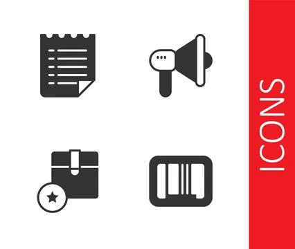 Set Barcode, Wish list template, Carton cardboard box and Megaphone icon. Vector Stock Illustration