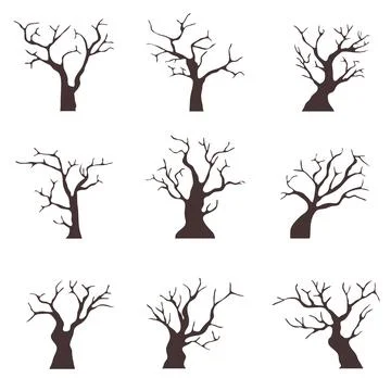 Set of bare dead tree silhouettes without leaves isolated on white Stock Illustration