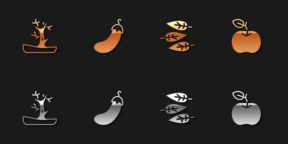 Set Bare tree, Eggplant, Leaf or leaves and Apple icon. Vector Illustrazione stock