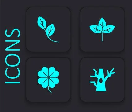 Set Bare tree, Leaf, and Four leaf clover icon. Black square button. Vector Illustrazione stock