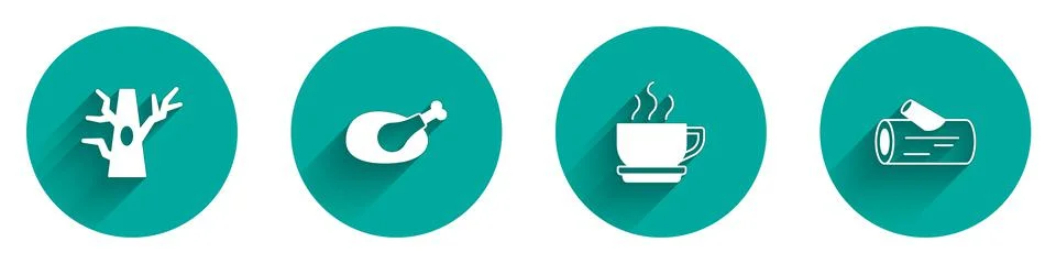 Set Bare tree, Roasted turkey or chicken, Coffee cup and Wooden log icon with Illustrazione stock