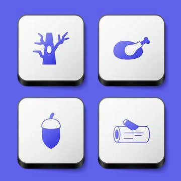 Set Bare tree, Roasted turkey or chicken, Acorn and Wooden log icon. White Illustrazione stock