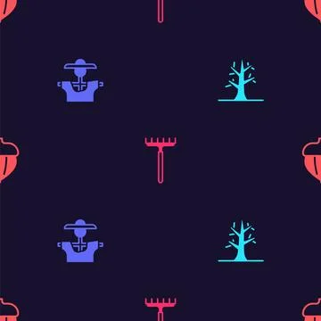 Set Bare tree, Scarecrow, Garden rake and Acorn on seamless pattern. Vector イラスト素材