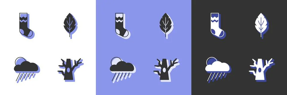 Set Bare tree, Socks, Cloud with rain and sun and Leaf icon. Vector Stock Illustration