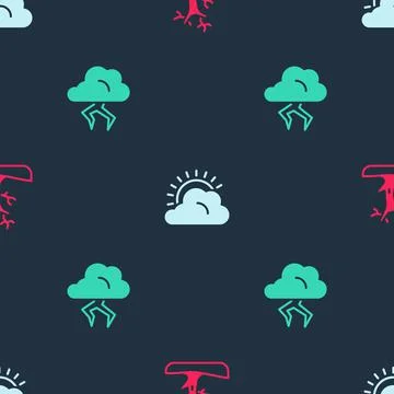 Set Bare tree, Sun and cloud weather and Storm on seamless pattern. Vector Illustrazione stock